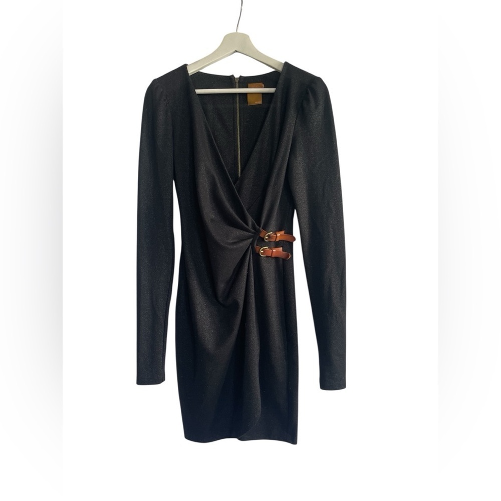 Ali Ro Black Long Sleeve Shimmer Wrap Mini Dress Buckle Detail Chic Size Small